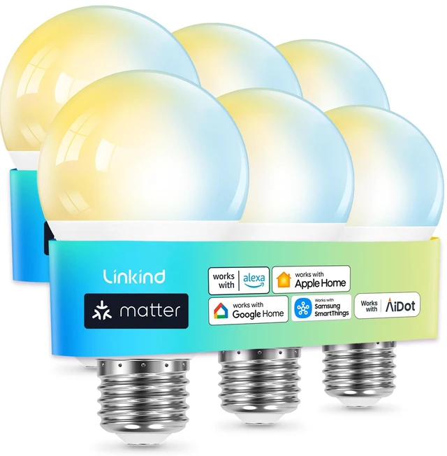 Main image of Matter Smart Light Bulbs, Work with Apple Home, Alexa, Google Home Matter-enabled Direct Connect, Warm White to Daylight (2700K-6500K), LED 8.5W=60W, 2.4G WiFi Bluetooth, A19 E26 800LM, 6Pack