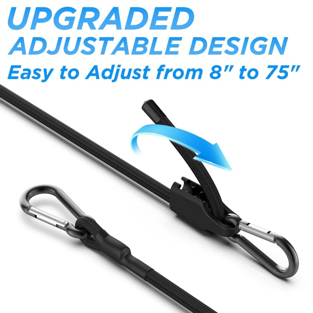 Alt view image 3 of 7 - 72 Inch Adjustable Bungee Cords with Carabiner Hooks 4 Pack Heavy Duty Outdoor Super Elastic Bungee Straps Easily Adjust from 8" to 75" for Cargo, Bike, Luggage, Carts, Truck