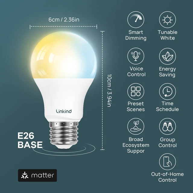 Alt view image 6 of 7 - Matter Smart Light Bulbs, Work with Apple Home, Alexa, Google Home Matter-enabled Direct Connect, Warm White to Daylight (2700K-6500K), LED 8.5W=60W, 2.4G WiFi Bluetooth, A19 E26 800LM, 6Pack