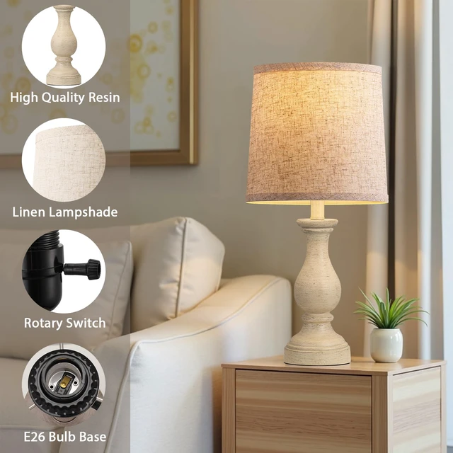 Alt view image 4 of 7 - Farmhouse Table Lamps Set of 2 - Rustic Lamp for Bedroom Living Room, 22" Boho Bedside Lamps for Night Stands End Table Office Desk Lamp Nightstand Clearance with Linen Shades(Antique Yellow)