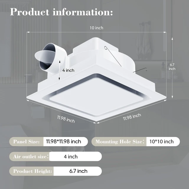 Alt view image 2 of 7 - Bathroom Exhaust Fan 12" Panel Ultra Quiet without Light(10x10 Mount), 130CFM, 4" Duct for Bathroom/Garage/Home