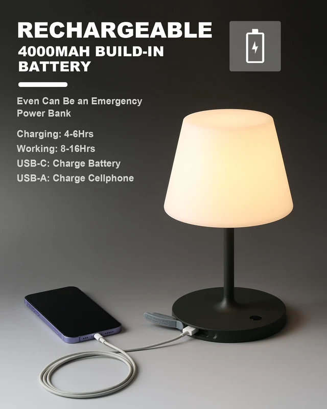Alt view image 6 of 7 - Outdoor Battery Operated Table Lamp Waterproof, 4000mAh Cordless Table Lamp Rechargeable, Touch Dimmable Desk Lamp, LED Night Light for Patio Camping Restaurant Home, H9.6in, Dark Grey