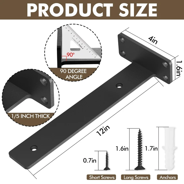 Alt view image 3 of 7 - 6 Pack Heavy Duty Metal Shelf Brackets 12 inch Long,Black L-Shaped Wall Shelf Bracket Hidden & Decorative Shelf Bracket,1/5-Thick,150 lbs of weight capacity