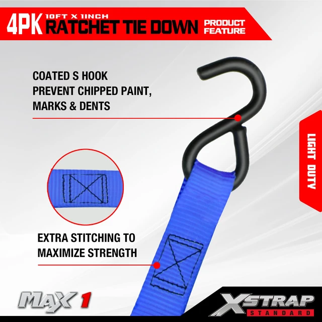 Alt view image 5 of 7 - 4-Pack Ratchet Tie Down Straps, 1" x 10FT Cargo Strap, Blue 900 Lbs Break Strength Securing Straps with S-Hook for UTV, ATV, Pickup,Truck, Moving Appliances, Lawn Equipment