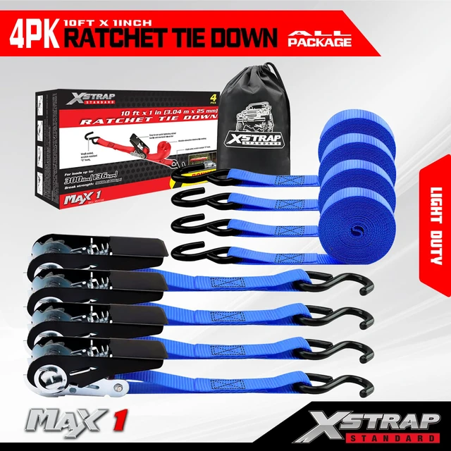 Alt view image 7 of 7 - 4-Pack Ratchet Tie Down Straps, 1" x 10FT Cargo Strap, Blue 900 Lbs Break Strength Securing Straps with S-Hook for UTV, ATV, Pickup,Truck, Moving Appliances, Lawn Equipment