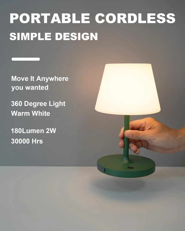 Alt view image 2 of 6 - Outdoor Battery Operated Table Lamp Waterproof, 4000mAh Cordless Table Lamp Rechargeable, Touch Dimmable Desk Lamp, LED Night Light for Patio Camping Restaurant Home, H9.6in, Green