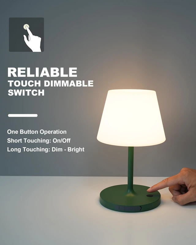 Alt view image 4 of 6 - Outdoor Battery Operated Table Lamp Waterproof, 4000mAh Cordless Table Lamp Rechargeable, Touch Dimmable Desk Lamp, LED Night Light for Patio Camping Restaurant Home, H9.6in, Green