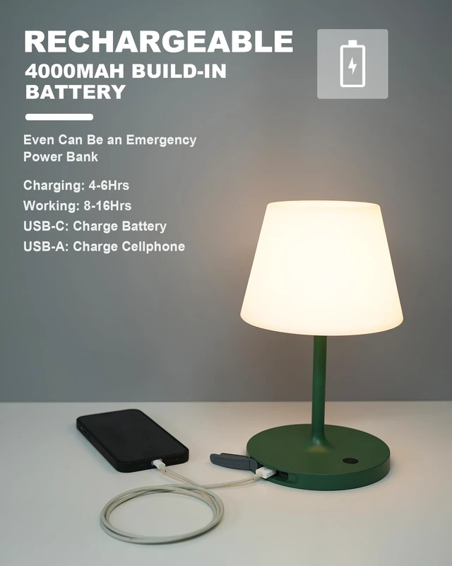 Alt view image 5 of 6 - Outdoor Battery Operated Table Lamp Waterproof, 4000mAh Cordless Table Lamp Rechargeable, Touch Dimmable Desk Lamp, LED Night Light for Patio Camping Restaurant Home, H9.6in, Green