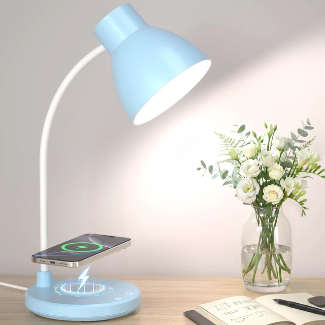 Main image of LED Desk Lamp for Home Office with Wireless Charger, Blue 3 Color Modes Dimmable Eye-Caring Study Reading Dorm Desk Lamp, 360° Flexible Arm Table Lamp for College Dorm Room, 800 Lumen