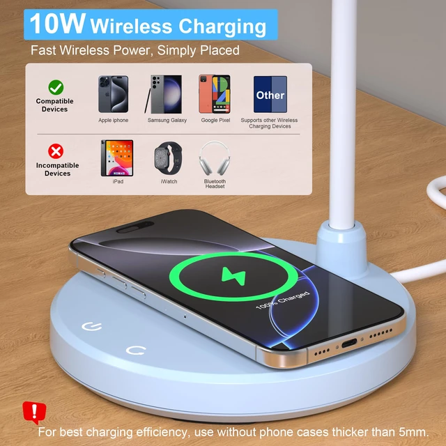 Alt view image 2 of 7 - LED Desk Lamp for Home Office with Wireless Charger, Blue 3 Color Modes Dimmable Eye-Caring Study Reading Dorm Desk Lamp, 360° Flexible Arm Table Lamp for College Dorm Room, 800 Lumen