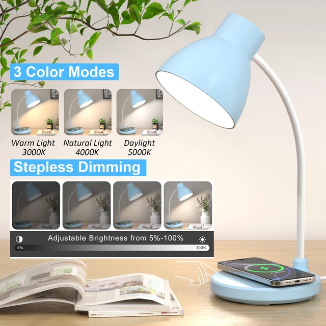 Alt view image 3 of 7 - LED Desk Lamp for Home Office with Wireless Charger, Blue 3 Color Modes Dimmable Eye-Caring Study Reading Dorm Desk Lamp, 360° Flexible Arm Table Lamp for College Dorm Room, 800 Lumen