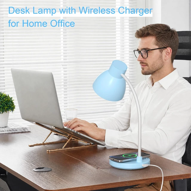 Alt view image 6 of 7 - LED Desk Lamp for Home Office with Wireless Charger, Blue 3 Color Modes Dimmable Eye-Caring Study Reading Dorm Desk Lamp, 360° Flexible Arm Table Lamp for College Dorm Room, 800 Lumen