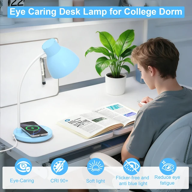 Alt view image 5 of 7 - LED Desk Lamp for Home Office with Wireless Charger, Blue 3 Color Modes Dimmable Eye-Caring Study Reading Dorm Desk Lamp, 360° Flexible Arm Table Lamp for College Dorm Room, 800 Lumen