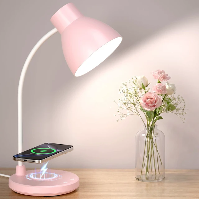 Main image of LED Desk Lamp for Home Office with Wireless Charger, Pink 3 Color Modes Dimmable Eye-Caring Study Reading Dorm Desk Lamp, 360° Flexible Arm Table Lamp for College Dorm Room, 800 Lumen