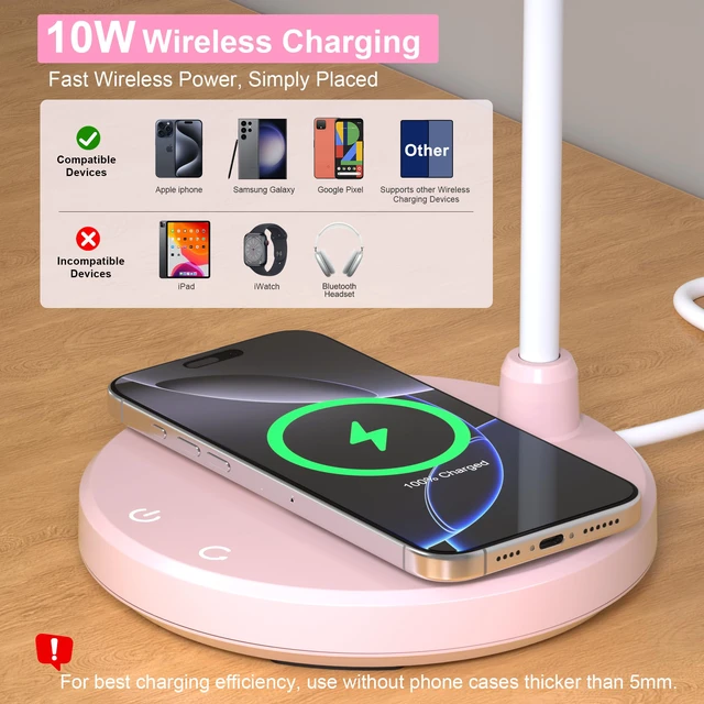 Alt view image 2 of 7 - LED Desk Lamp for Home Office with Wireless Charger, Pink 3 Color Modes Dimmable Eye-Caring Study Reading Dorm Desk Lamp, 360° Flexible Arm Table Lamp for College Dorm Room, 800 Lumen