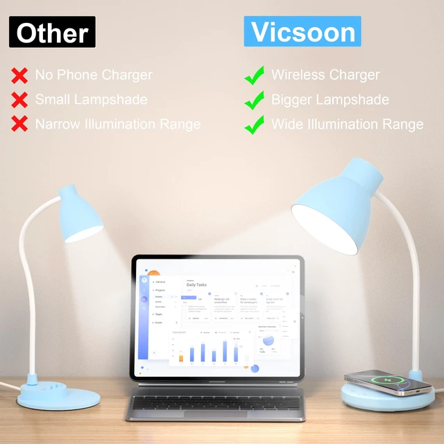 Alt view image 7 of 7 - LED Desk Lamp for Home Office with Wireless Charger, Blue 3 Color Modes Dimmable Eye-Caring Study Reading Dorm Desk Lamp, 360° Flexible Arm Table Lamp for College Dorm Room, 800 Lumen