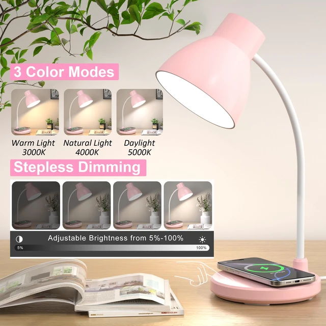 Alt view image 3 of 7 - LED Desk Lamp for Home Office with Wireless Charger, Pink 3 Color Modes Dimmable Eye-Caring Study Reading Dorm Desk Lamp, 360° Flexible Arm Table Lamp for College Dorm Room, 800 Lumen