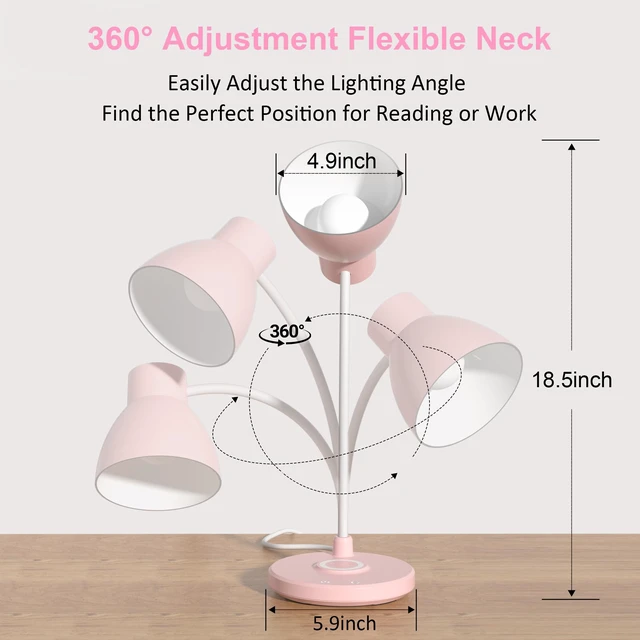 Alt view image 4 of 7 - LED Desk Lamp for Home Office with Wireless Charger, Pink 3 Color Modes Dimmable Eye-Caring Study Reading Dorm Desk Lamp, 360° Flexible Arm Table Lamp for College Dorm Room, 800 Lumen