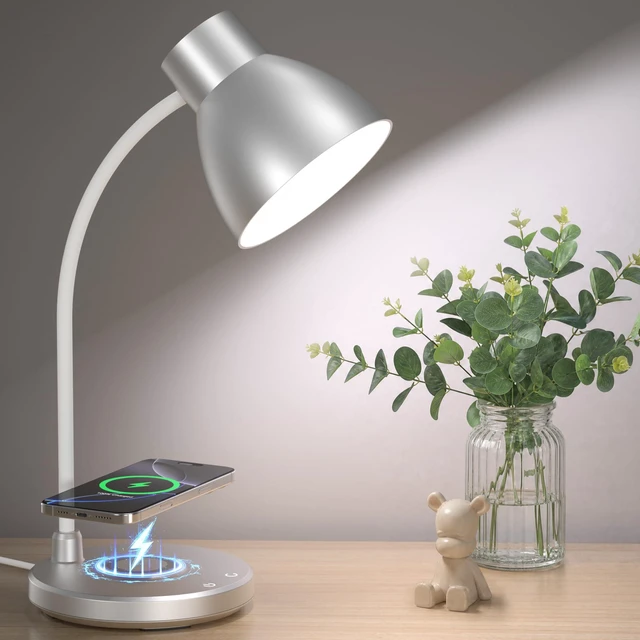 Main image of LED Desk Lamp for Home Office with Wireless Charger, Silver 3 Color Modes Dimmable Eye-Caring Study Reading Dorm Desk Lamp, 360° Flexible Arm Table Lamp for College Dorm Room, 800 Lumen