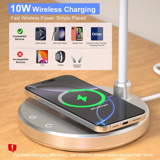 Alt view image 2 of 7 - LED Desk Lamp for Home Office with Wireless Charger, Silver 3 Color Modes Dimmable Eye-Caring Study Reading Dorm Desk Lamp, 360° Flexible Arm Table Lamp for College Dorm Room, 800 Lumen