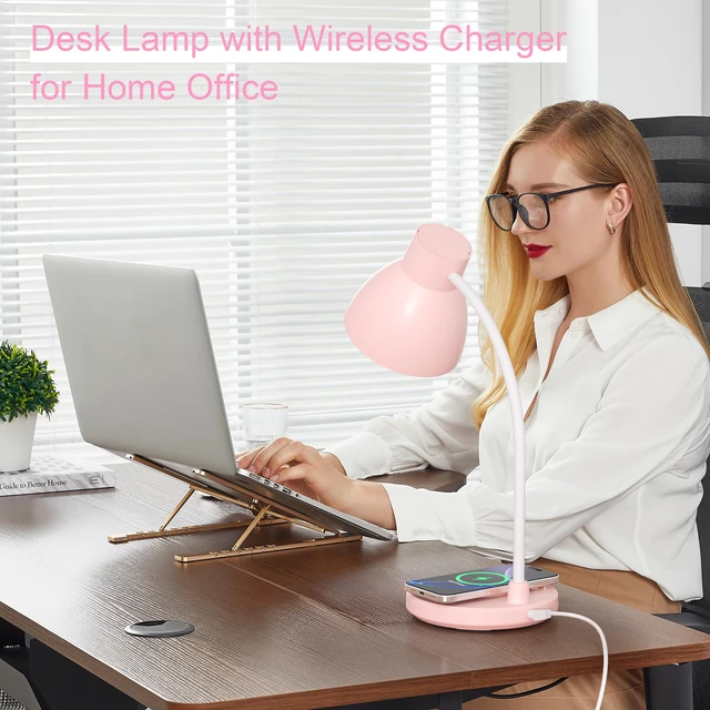 Alt view image 6 of 7 - LED Desk Lamp for Home Office with Wireless Charger, Pink 3 Color Modes Dimmable Eye-Caring Study Reading Dorm Desk Lamp, 360° Flexible Arm Table Lamp for College Dorm Room, 800 Lumen