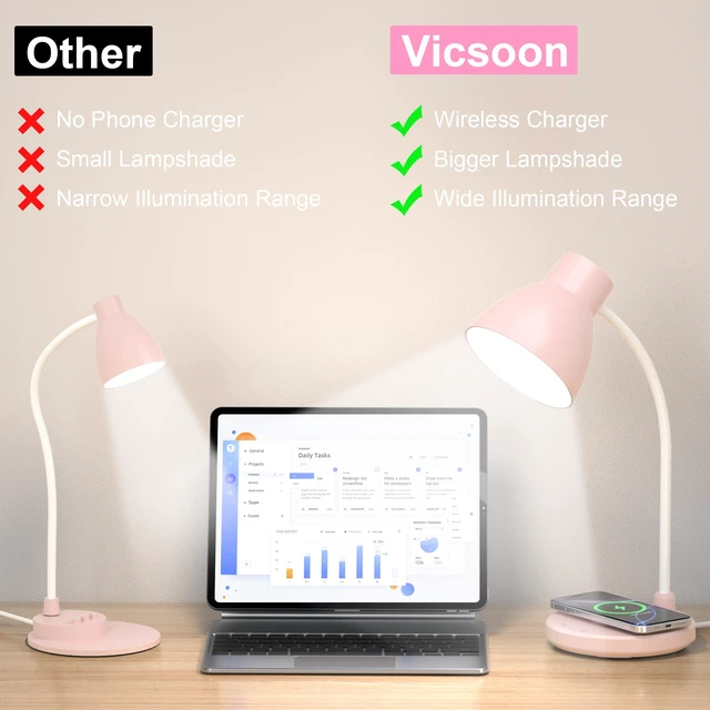 Alt view image 7 of 7 - LED Desk Lamp for Home Office with Wireless Charger, Pink 3 Color Modes Dimmable Eye-Caring Study Reading Dorm Desk Lamp, 360° Flexible Arm Table Lamp for College Dorm Room, 800 Lumen