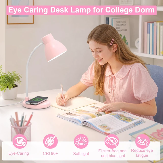 Alt view image 5 of 7 - LED Desk Lamp for Home Office with Wireless Charger, Pink 3 Color Modes Dimmable Eye-Caring Study Reading Dorm Desk Lamp, 360° Flexible Arm Table Lamp for College Dorm Room, 800 Lumen