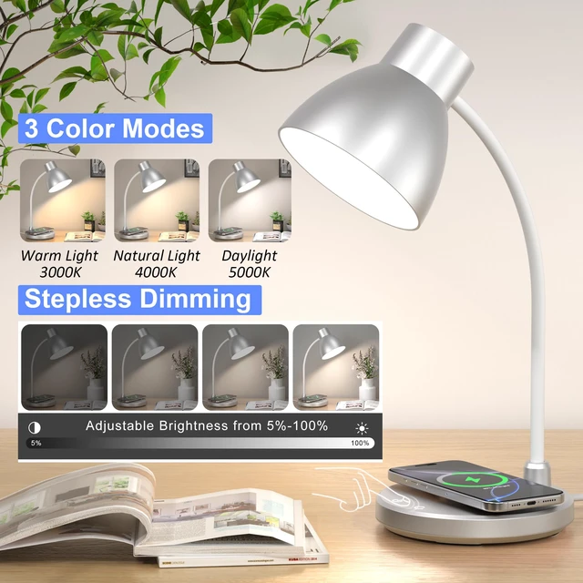 Alt view image 3 of 7 - LED Desk Lamp for Home Office with Wireless Charger, Silver 3 Color Modes Dimmable Eye-Caring Study Reading Dorm Desk Lamp, 360° Flexible Arm Table Lamp for College Dorm Room, 800 Lumen