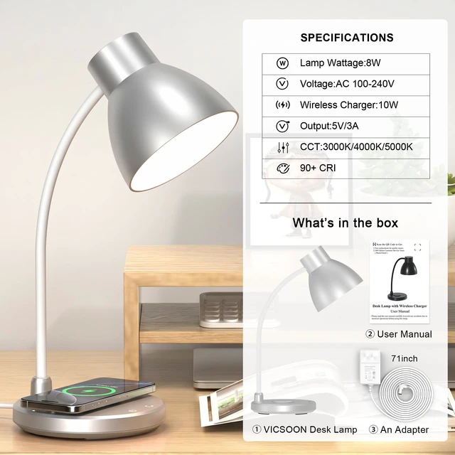 Alt view image 7 of 7 - LED Desk Lamp for Home Office with Wireless Charger, Silver 3 Color Modes Dimmable Eye-Caring Study Reading Dorm Desk Lamp, 360° Flexible Arm Table Lamp for College Dorm Room, 800 Lumen