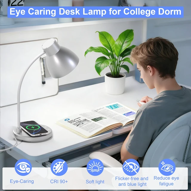 Alt view image 5 of 7 - LED Desk Lamp for Home Office with Wireless Charger, Silver 3 Color Modes Dimmable Eye-Caring Study Reading Dorm Desk Lamp, 360° Flexible Arm Table Lamp for College Dorm Room, 800 Lumen