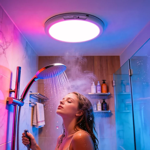 Alt view image 2 of 7 - RGB Rechargeable Waterproof Shower Ceiling Light for Bathroom Inside 12 Color Changing Motion Sensor Wireless LED Mood Battery Operated Wall Lights with Remote for Bedroom Party