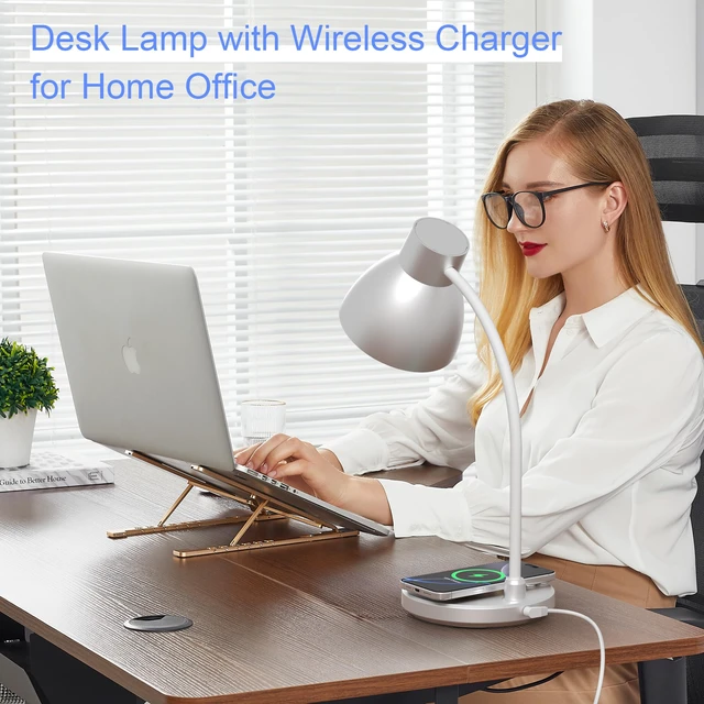 Alt view image 6 of 7 - LED Desk Lamp for Home Office with Wireless Charger, Silver 3 Color Modes Dimmable Eye-Caring Study Reading Dorm Desk Lamp, 360° Flexible Arm Table Lamp for College Dorm Room, 800 Lumen