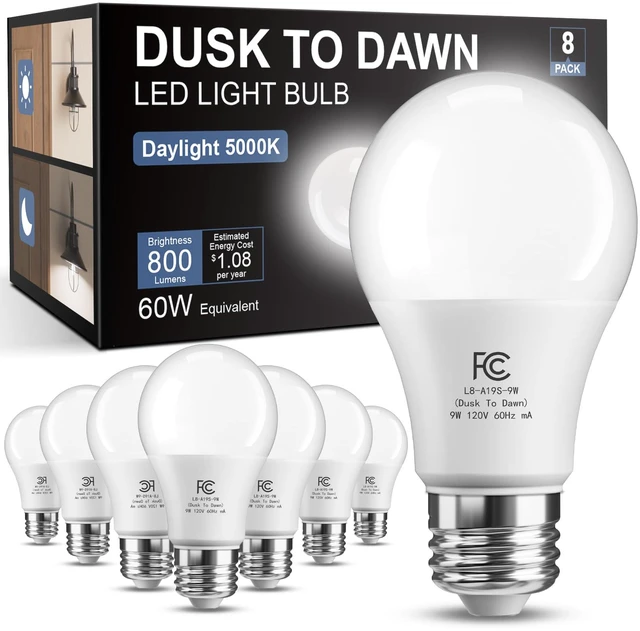 Main image of Dusk to Dawn Light Bulb Outdoor, Light Sensor, Automatic On/Off, 5000K Photocell A19 LED Bulb for Outdoor Porch Lighting, 60W Equivalent, Energy Efficient 9W, Daylight, E26 Base, 8 Pack