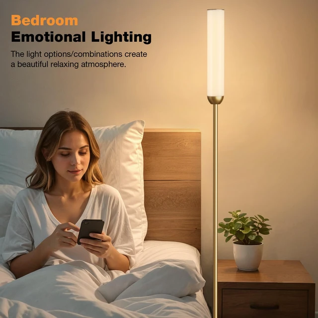 Alt view image 2 of 7 - LED Floor Lamp with Remote Control, Foot Switch, Gold Stepless Adjustable 3000K-6500K Colors,30-100% Brightness,Memory functions,14.5W light power,Standing lamp,Bedrooms,Office