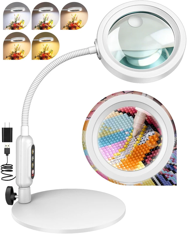 Main image of 30X 10X Magnifying Glass with Light and Stand, 5 Color Modes Stepless Dimmable, Optical Grade HD Lens, LED Lighted Magnifier Hands Free with 16in Flexible Gooseneck for Close Work - White