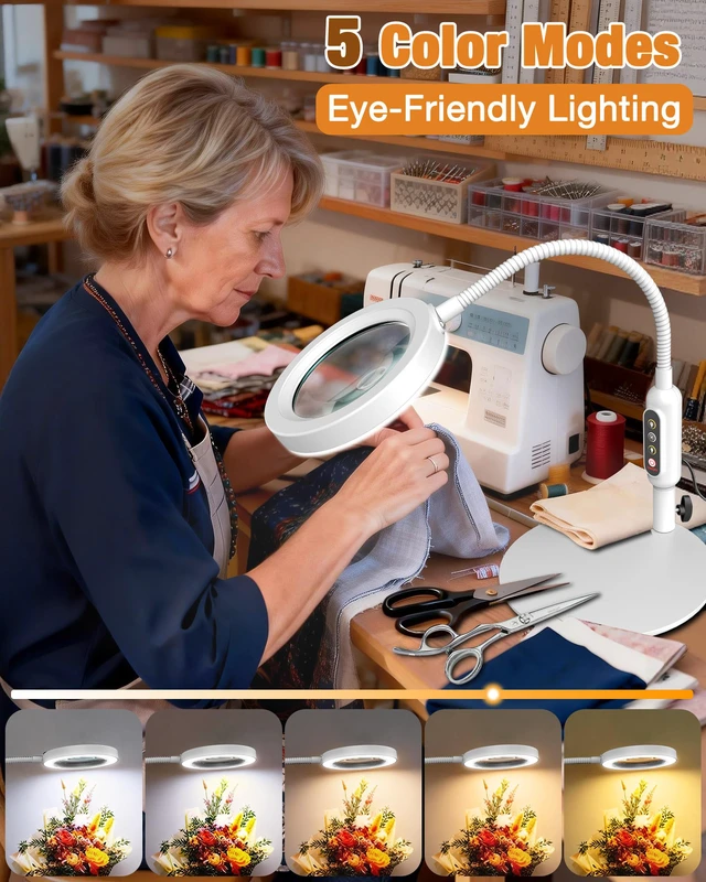 Alt view image 3 of 7 - 30X 10X Magnifying Glass with Light and Stand, 5 Color Modes Stepless Dimmable, Optical Grade HD Lens, LED Lighted Magnifier Hands Free with 16in Flexible Gooseneck for Close Work - White