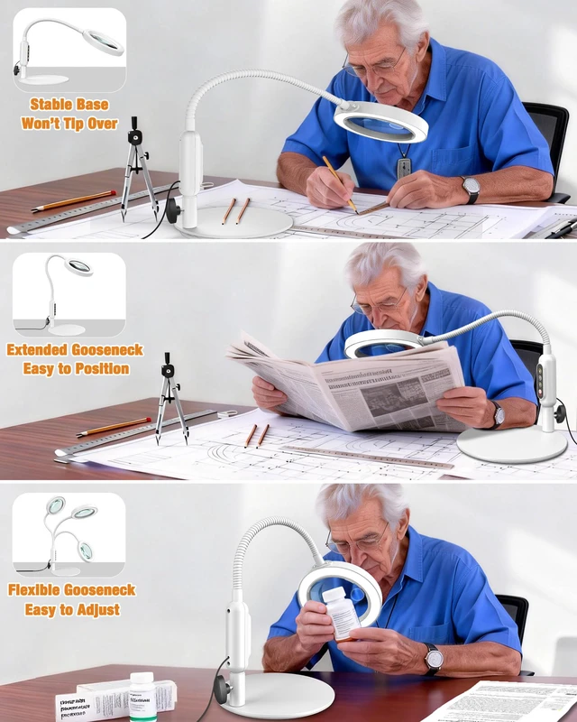 Alt view image 7 of 7 - 30X 10X Magnifying Glass with Light and Stand, 5 Color Modes Stepless Dimmable, Optical Grade HD Lens, LED Lighted Magnifier Hands Free with 16in Flexible Gooseneck for Close Work - White