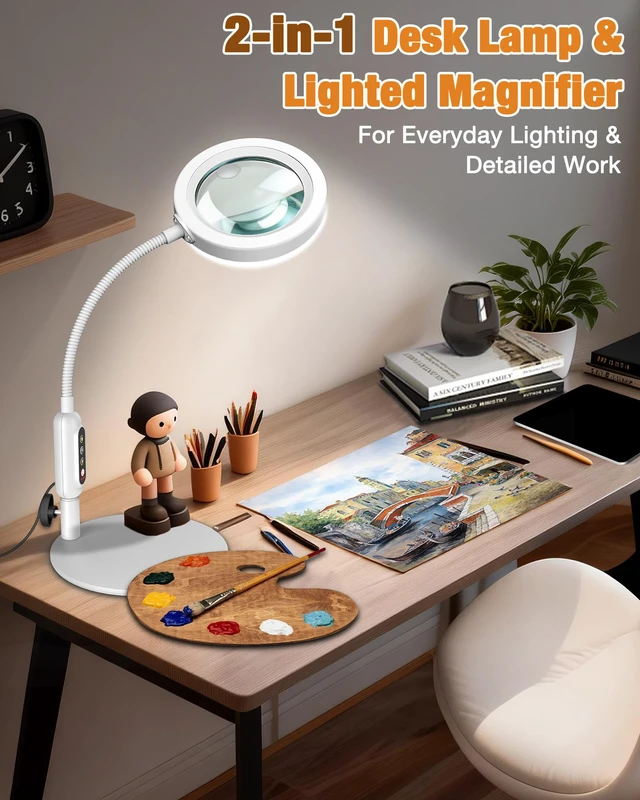 Alt view image 6 of 7 - 30X 10X Magnifying Glass with Light and Stand, 5 Color Modes Stepless Dimmable, Optical Grade HD Lens, LED Lighted Magnifier Hands Free with 16in Flexible Gooseneck for Close Work - White
