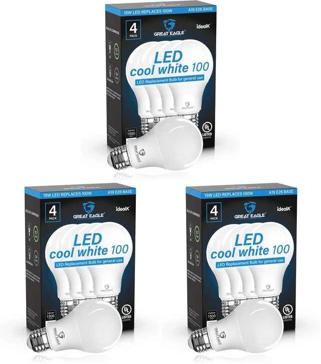 Main image of A19 LED Light Bulbs 100 Watt Equivalent - UL Listed - Cool White 4000K Light Bulbs, 15W Non-Dimmable, 1500 Lumens (12 Pack)