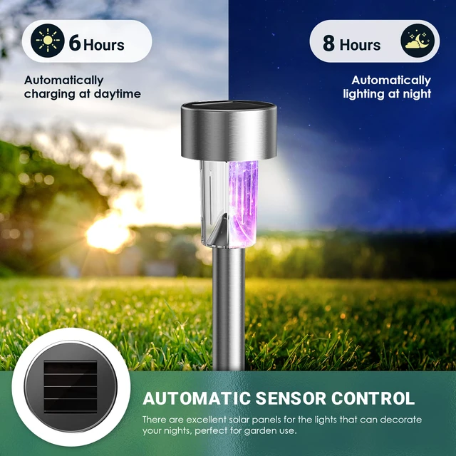 Alt view image 3 of 7 - Outdoor Waterproof Multicolor Solar Garden Lights, 12 Pack Stainless Steel LED, Color-Changing Glow, Ideal for Patio Lawn Yard Landscape, Garden & Patio Decor