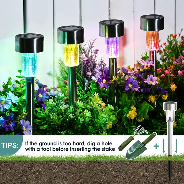 Alt view image 6 of 7 - Outdoor Waterproof Multicolor Solar Garden Lights, 12 Pack Stainless Steel LED, Color-Changing Glow, Ideal for Patio Lawn Yard Landscape, Garden & Patio Decor