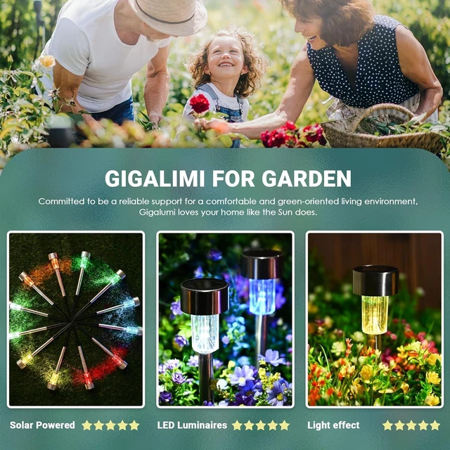 Alt view image 2 of 6 - Solar Garden Lights Outdoor, 12 Pack 6-Color, IP65 Waterproof Decorative Pathway Lights, Stainless Steel LED Landscape Lighting for Yard, Lawn, Walkway