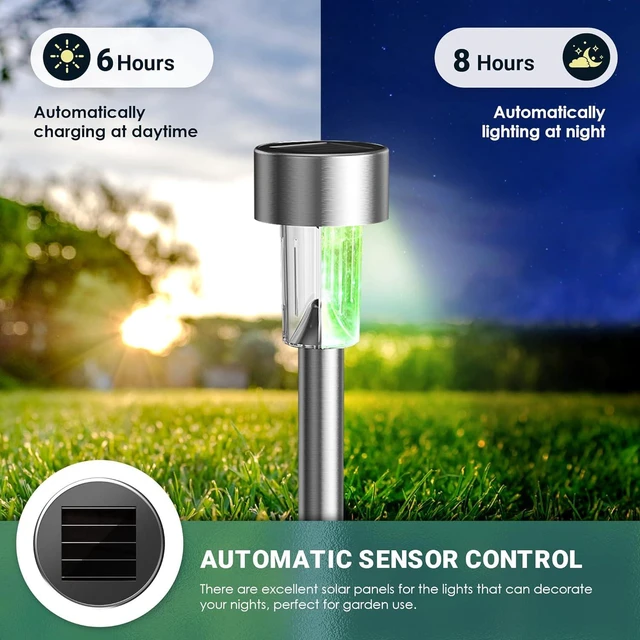 Alt view image 3 of 6 - Solar Garden Lights Outdoor, 12 Pack 6-Color, IP65 Waterproof Decorative Pathway Lights, Stainless Steel LED Landscape Lighting for Yard, Lawn, Walkway