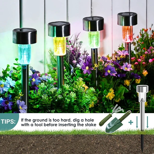 Alt view image 5 of 6 - Solar Garden Lights Outdoor, 12 Pack 6-Color, IP65 Waterproof Decorative Pathway Lights, Stainless Steel LED Landscape Lighting for Yard, Lawn, Walkway