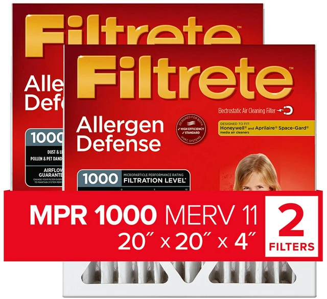 Main image of 20x20x4, AC Furnace Air Filter, MPR 1000 DP, Micro Allergen Defense Deep Pleat, 2-Pack (actual dimensions 19.88 x 19.88 x 4.31)