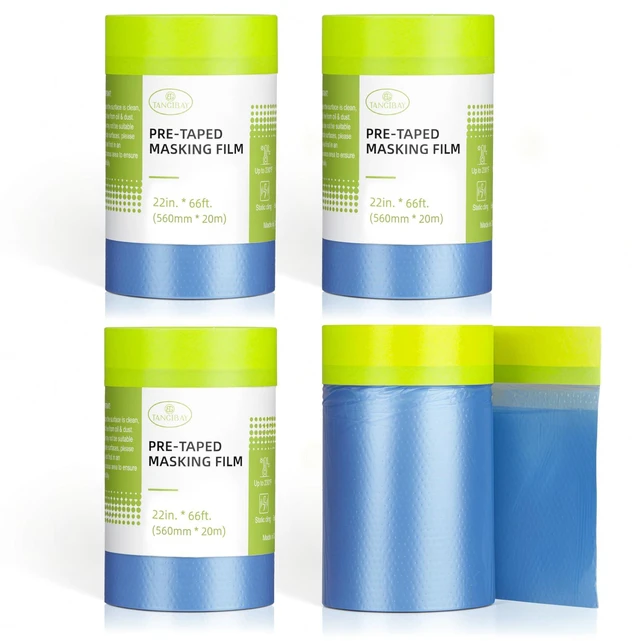 Main image of Pre-Taped Masking Film for Painting - 22" x 66' Painters Plastic Sheeting with Automotive Paint Tape and Drape for Covering Cars, Walls, Windows and Furniture Protection (4 Rolls)