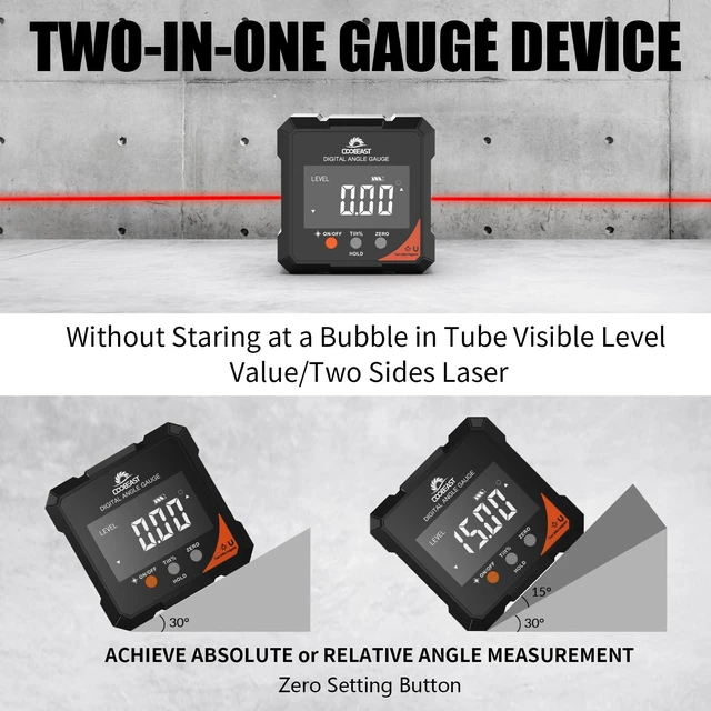 Alt view image 2 of 7 - Digital Angle Finder with Laser 4-side Magnetic Angle Gauge Rechargeable Magnetic Laser Level Measuring Tool with Electronic Laser Inclinometer Backlight for Woodworking Table saw Miter Black