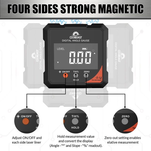 Alt view image 3 of 7 - Digital Angle Finder with Laser 4-side Magnetic Angle Gauge Rechargeable Magnetic Laser Level Measuring Tool with Electronic Laser Inclinometer Backlight for Woodworking Table saw Miter Black