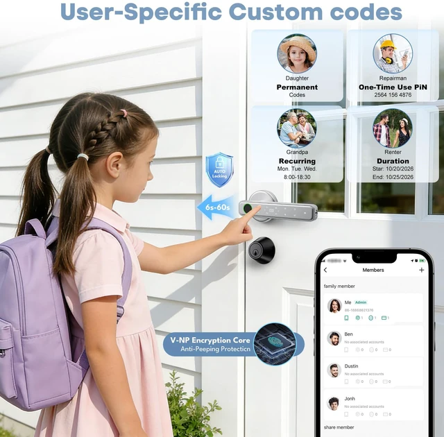 Alt view image 6 of 7 - Fingerprint Door Lock, Door Locks for Bedroom, Keyless Entry Door Knob with Handle,Generate Passcode Remotely-Smart Door Lock for Apartment, Office (Silver 02)