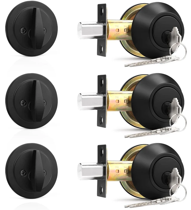 Main image of Keyed Alike Single Cylinder Deadbolts Flat Black, Keyway Keys Handleset, 3 Keys Interior& Exterior Door Hardware for Entrance Lock and Front Gate, 3 Pack